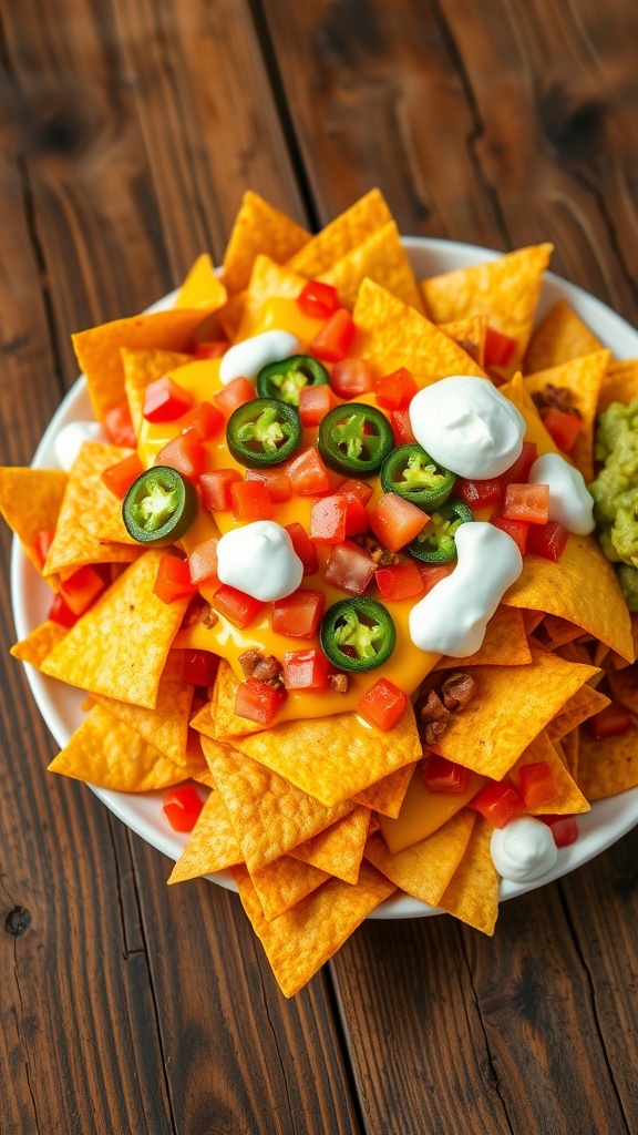 A delicious plate of microwave nachos with melted cheese, jalapeños, and toppings, served with sour cream and guacamole.